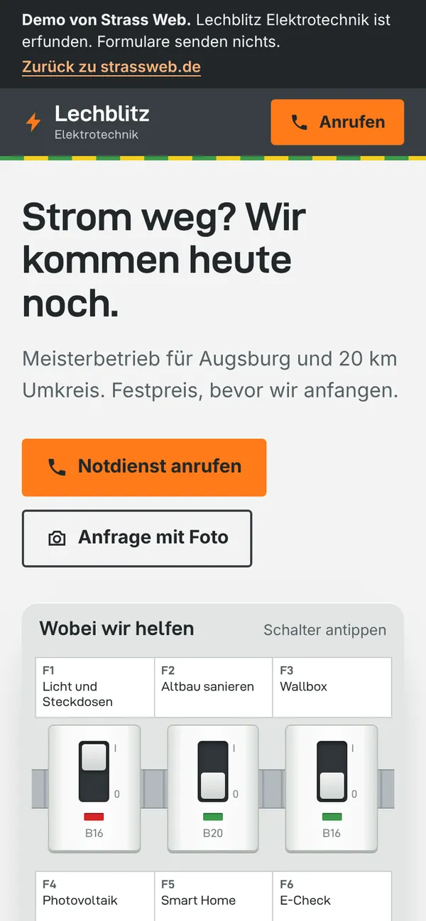 Nachher: neue Website mit großem Knopf für den Notdienst