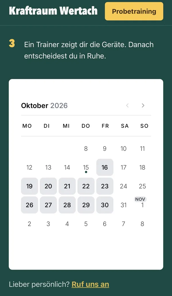 Kalender zur Online-Buchung eines Probetrainings